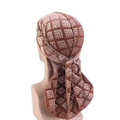 China Long DR-28 Customized Stereo Hot Stamping Retro Head To Use Long Tail Velvet Pirate Hat Bandage Turban Hat for sale