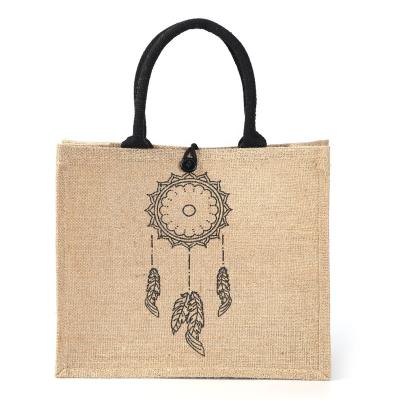 China 100% Eco-friendly Jute Wholesale Bags Fashion Printed Jute Grocery Bag Large Capacity Shopping Handbag for sale