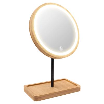 China Kingworth Espejo Usb Lighted Led Lighted Tabletop Vanity Round Bamboo Wooden Makeup Mirror for sale