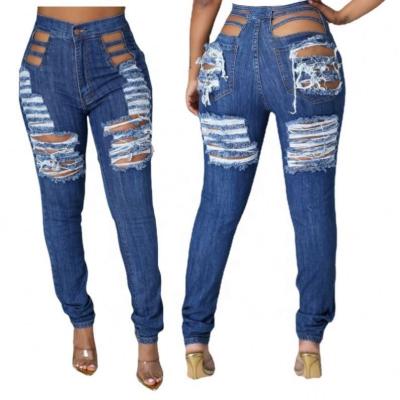 China D9551 QUICK DRY Best Selling Stretch Button Denim QUICK DRY Pants With Hole Ladies Highwaist Ripped Destroyed Distressed Skinny Jeans for sale