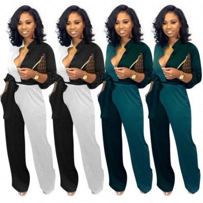 China Vintage Anti-Pilling Vintage Anti-Pilling Sexy Women Rompers Loose V-Neck Shirt One Piece Spliced ​​Long Sleeve Pants Sportswear Office Overalls for sale