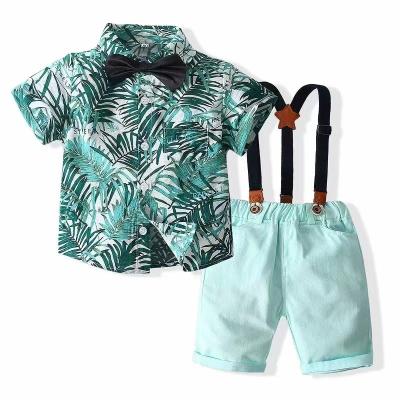 China Summer Fashion Kids Wool/Polyester Printed Short Sleeve Shirt Suspender Pants Ties Shorts Sets Baby Boy Loungewear QZ0923 for sale