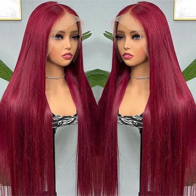 China Straight Virgin Hair 99j Burgundy Lace Front Wig Straight 13X6 Human Hair Wigs Pre Plucked Colored Hd Transparent Lace Frontal Wig for sale