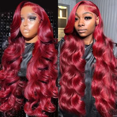 China Body Wave HD Transparent 99J Burgundy Lace Front Wig Human Hair 13x6 Body Wave Red Colored Lace Frontal Wigs Pre Plucked With Baby Hair for sale