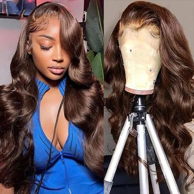 China Body Wave Chocolate Brown HD Lace Front Wig Human Hair 13X6 Body Wave Human Hair Wigs 180% Full Density Light Brown Lace Frontal Wig for sale