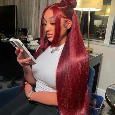 China Straight 99J Burgundy HD Transparent Lace Front Wig Human Hair 13x4 Body Wave Red Colored Lace Frontal Wigs Pre Plucked With Baby Hair for sale