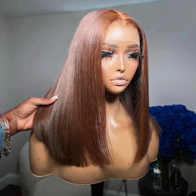 China Straight Chocolate Brown BOB Lace Front Wig Human Hair Straight 150% Density 13x4 HD Transparent Lace Frontal Wigs For Women for sale