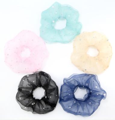 China Beautiful Cute Solid Color Summer High Quality Glitter Stars Organza Hair Scrunchies Big Large Hair Scrunchies For Girls And Women for sale