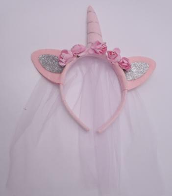 China MLS-HA-HB-4485-R- Pink cat ear with glitter decoration and unicorn horn with mesh tail and flower headband for girls for sale