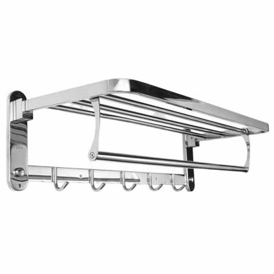 China Fashion 23.4 Inch 304 Stainless Steel Bath Towel Rack Foldable Wall Mounted Polished Bathroom Accessories Towel Shelf With Clothes Hooks for sale