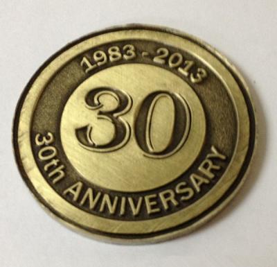 China Custom metal annivesary coins, OEM antique brass plated 30th anniversary coins, MOQ300pcs for sale