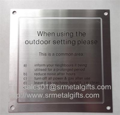 China Satin brushed stainless steel warning sign plate with screw holes, for sale