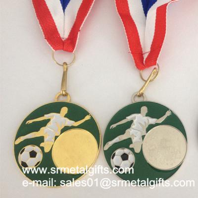 China Enamel metal soccer medal with ribbon lace, color filled metal sports medals for sale