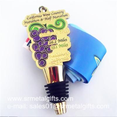 China Functional Metal Wine Bottle Stopper Medal With Colour filled and V neck ribbon for sale