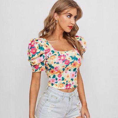 China Hot Selling Anti-wrinkle 2021 Summer New Sleeve Fluffy Square Print Sleeve Neck Top Opening Ceremony Apparel for sale