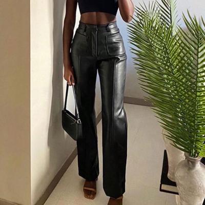 China New Amazon Hot Sale QUICK DRY High Waist PU Leather Women Tusers Button Up Long Straight Faux Leather Pants for sale