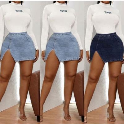 China Wholesale New Arrivals Women Ladies XS Waterproof High Waist Front Split Blue Jeans Mini Skirts for sale