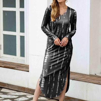 China TOB 2021 new arrivals breathable casual dresses printed long sleeve v neck long dress drop dresses for women for sale