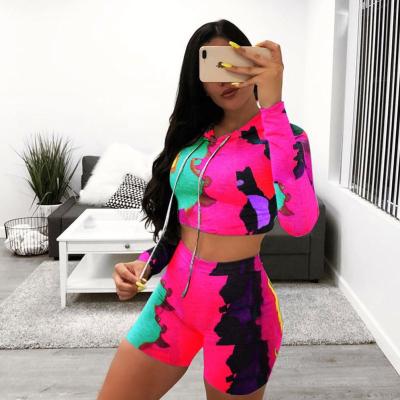 China X01774M Hot Selling Breathable Casual Women's Two Pieces Camouflage Long Sleeve Shorts Two Piece Set for sale