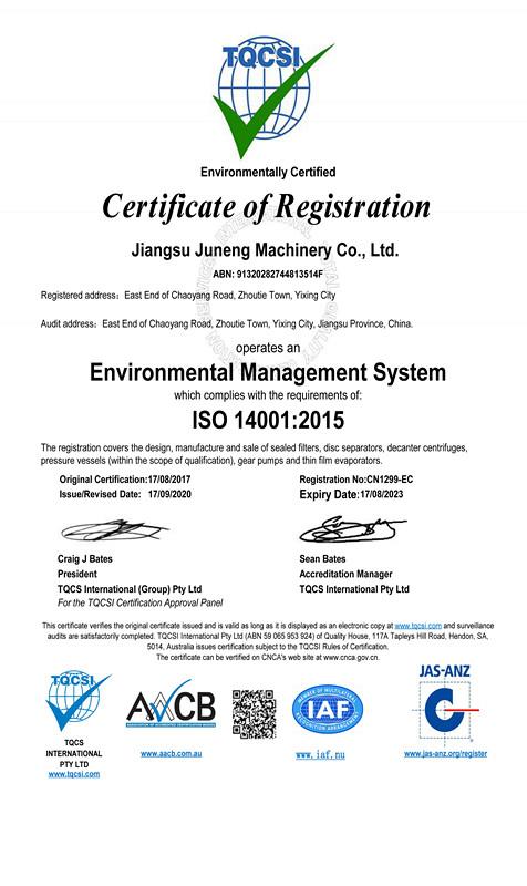 ISO 14001:2015 - JUNENG MACHINERY (CHINA) CO., LTD.