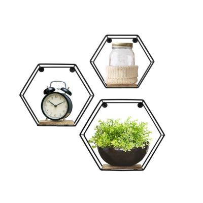 China Wooden Wall Decor Storage Fashion Style Hexagon Floating Shelf For Home for sale