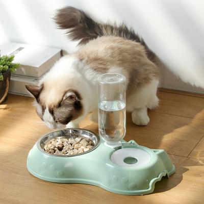 China Sustainable Dog Bowl Cat Feeding Double Stainless Steel Bowl With Automatic Water Bottle Pet Food Feeder for sale