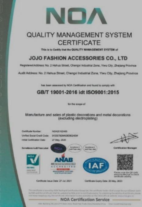 ISO9001 - Yiwu Jojo Fashion Accessories Co., Ltd.