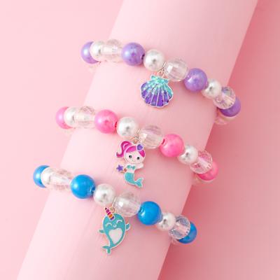 China 2021 New Style Cute Alloy Pearl Children's Mermaid Colorful Cute Girl Shell Bracelet Set Handmade for sale