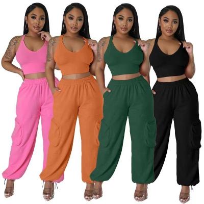 China D2223 European and American Amazon 3D Vest Sexy Sleeveless Pocket QUICK DRY Wide Leg Pants Casual Women's Set Women's Two-Piece Clothing for sale