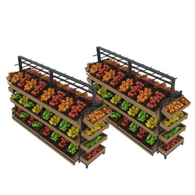 China Supermarket Wooden Equipment Fruit Vegetable Rack Double Sided Shelving For Store for sale