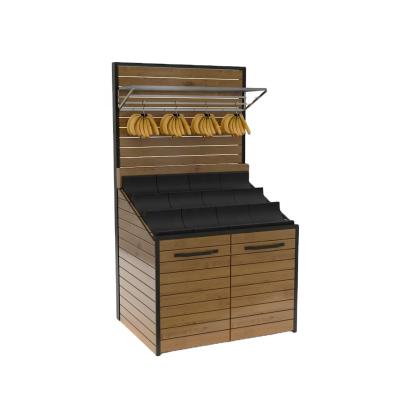 China Supermarket Store Heavy Duty Wooden Fruit Display Rack For Banana With Hook And Tray for sale