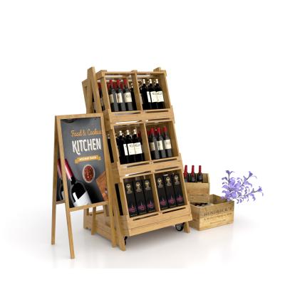 China Customized Solid Wood Single Sided 3 Layers Wine Glass Bottle Display Rack For Supermarket for sale