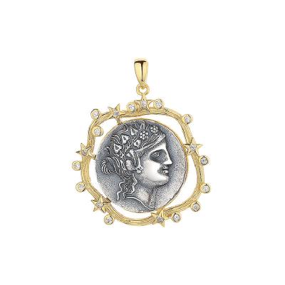 China AMYAOO Vintage Retro Ancient Greek Border Dionysian Euro-American Silver Coin Style S925 Sterling Silver Pendant for sale