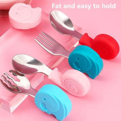 China Baby lean to eat 2022 top sales wholesale cute hand silicone baby training spoon cute short fork set 316 stainless steel spoon fork for sale