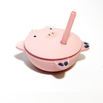 China BPA Free Cartoon Shape Silicone Pig Straw Bowl With Lid And Suction Cup For Baby Eating And Drinking Soup for sale