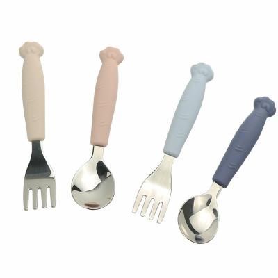 China Customized Long Lasting Children's Tableware Handle Silicone +316 Stainless Steel Learning To Eat Fork And Spoon Cutlery Set for sale