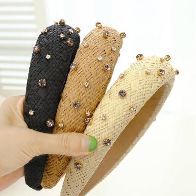 China European and American Style Hair Bands For Women Bling Hairband Handmade Rhinestone Raffia Sponge Woven Headband for sale