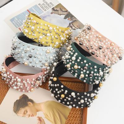 China Popular Cosmetic Hair Bow Fabric Hairband Sidewall Headband Simple Hairties Pearl for sale