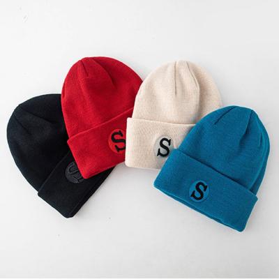 China Solid Color JOINT Hat Fine Thick Ribbed Knit Letter S Embroidered Winter Hats for sale