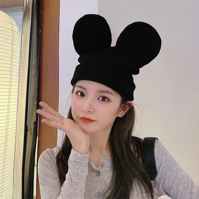 China COMMON Solid Color Knitted Beanie Cap Thick Knit Cartoon Mouse Ears Bucket Hats for sale