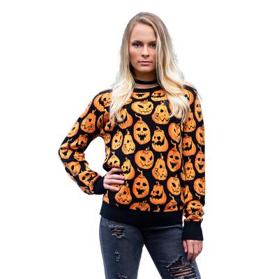 China Custom Anti-wrinkle Pumpkin Cartoon Pattern Knit Oversized Sweater Crewneck Halloween Pumpkin Sweater for sale