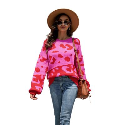 China autumn and winter women's best selling round neck patchwork leopard jacquard pattern knitwear Anti-wrinkle knitwear fashion women's pullover sweater for sale