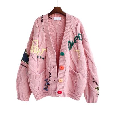 China Custom Oem&Odm Anti-wrinkle Autumn Winter Women Cardigan Warm Knitted Sweater Embroidery Oversized Knitted Cardigans With Pockets for sale