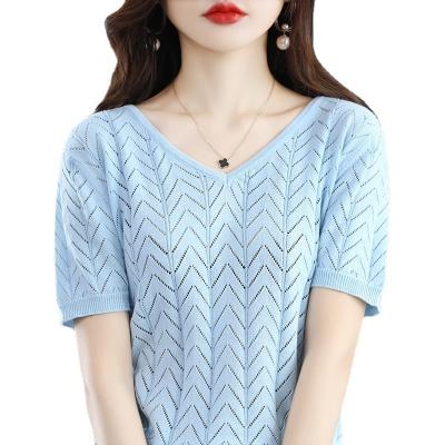 China 2023 Summer Fashion Women's Anti-wrinkle Spring And Hollow V-Neck Short Sleeve Knit Shirt Solid Color Female T-shirt Top Sweater for sale