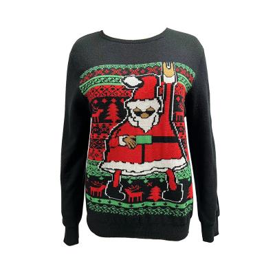 China Custom Ladies Winter Anti-wrinkle 2022 Santa Claus Ugly Neck Sweater Jacquard Cartoon Knit Round Christmas Warm Black Unisex Sweater for sale