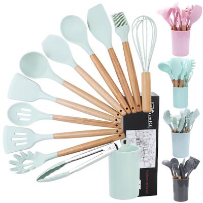 China Viable Silicone 9PCS/11PCS Cookware Set Nonstick Spatula Shovel Wooden Handle Cooking Tool Kit with Storage Box Kitchen Tools for sale