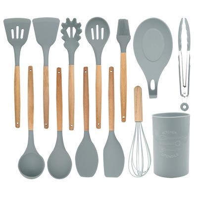 China Amazon Sustainable 12 Piece Wooden Handle Silicone Household Ware For Kitchen Set Cooking Sets Cookware for sale