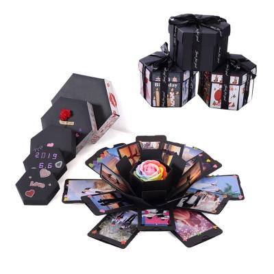 China Handmade Black DIY Photo Album Hexagon Explosion Box Wedding Anniversary Birthday Gift Explosion Packaging Box Handmade Surprise for sale