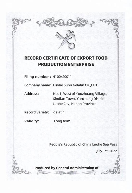 Exporting Licence - Luohe Sunri Gelatin Co.,LTD.