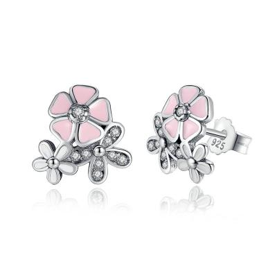 China Romantic Sterling Silver Cherry Flower Stud Earrings , Silver Pink Stud Earrings for sale